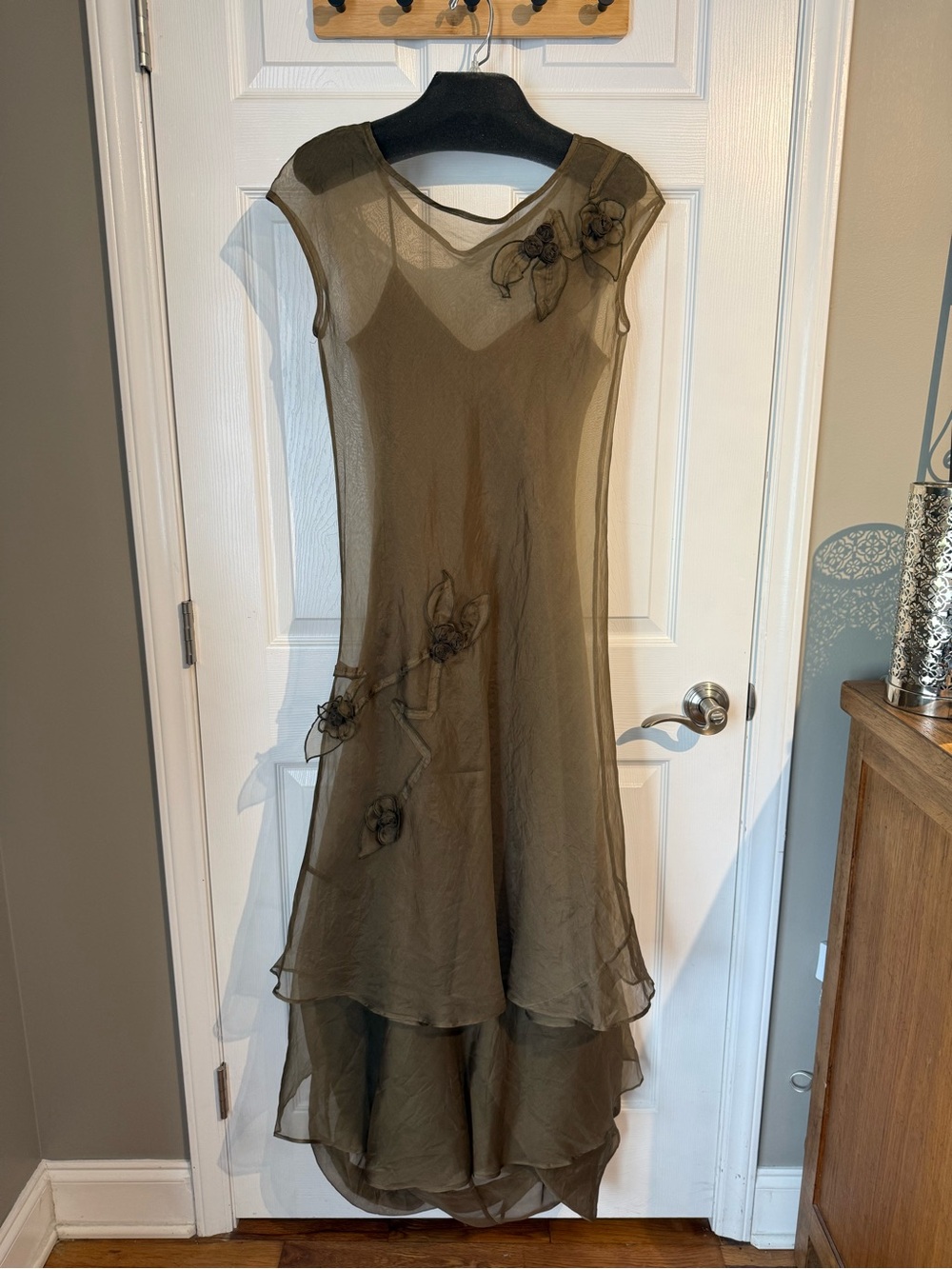 Olive Green Floral Appliqué Mesh High-Low Dress